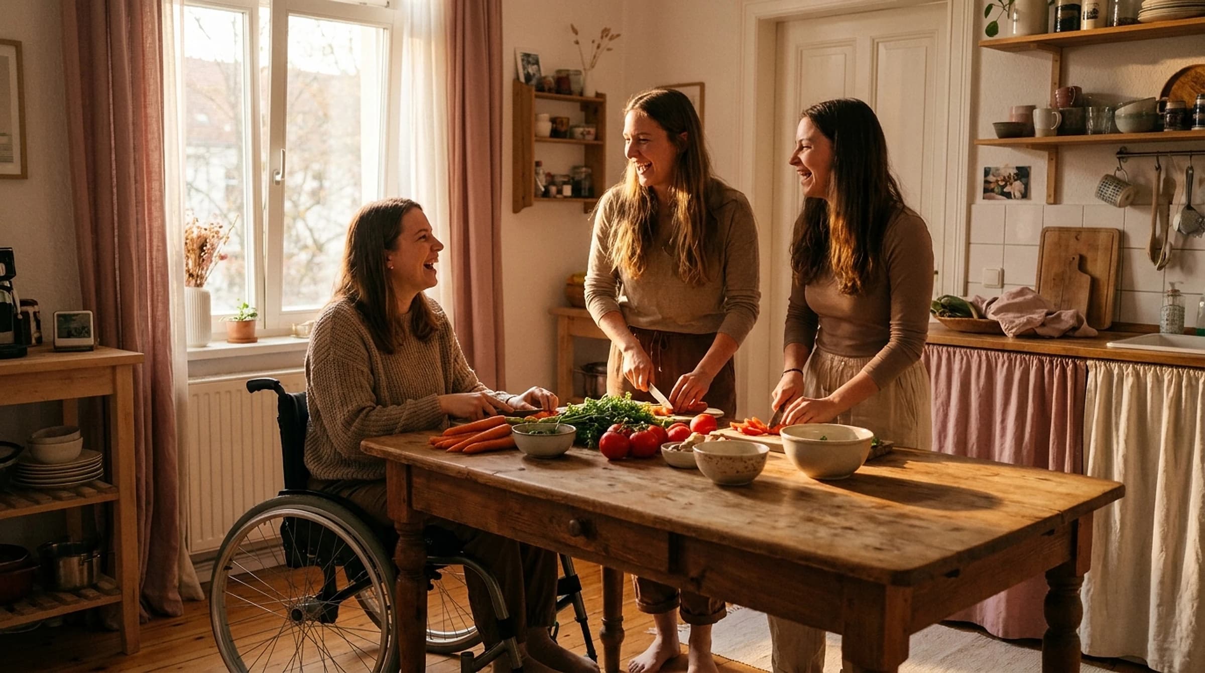 A wheelchair user laughs with two friends around a wooden table in a bright, sunlit apartment kitchen, preparing fresh vegetables together