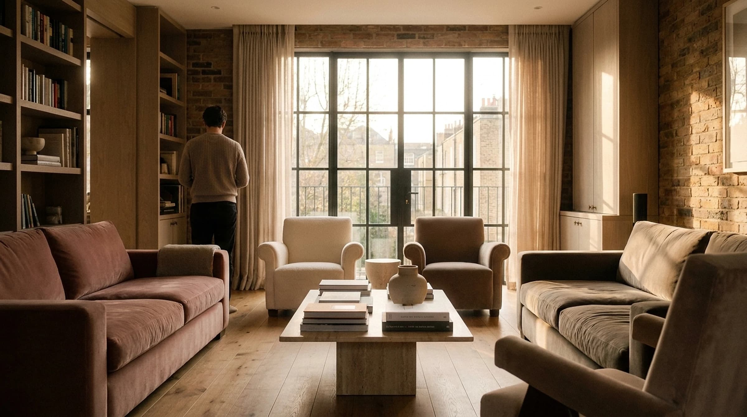 A warm, light-filled apartment living room with soft furnishings, a calm space designed to feel like home